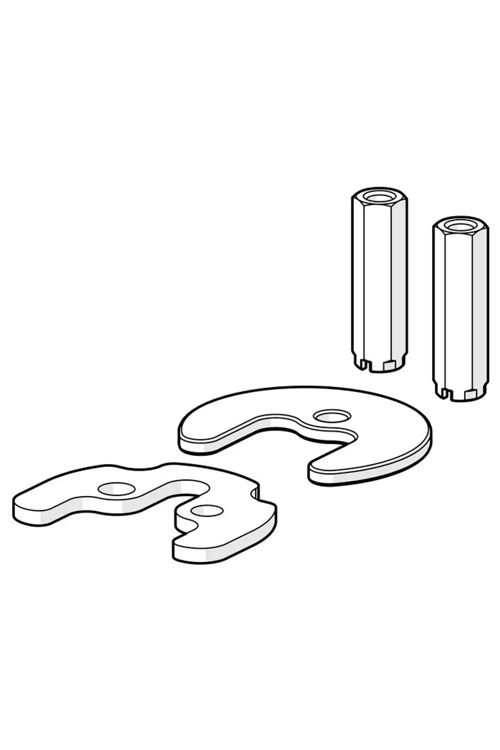 Befestigungssatz von HANSA bestehend aus mehreren Verbindungselementen, darunter Platten und zylindrische Teile, schematisch dargestellt.